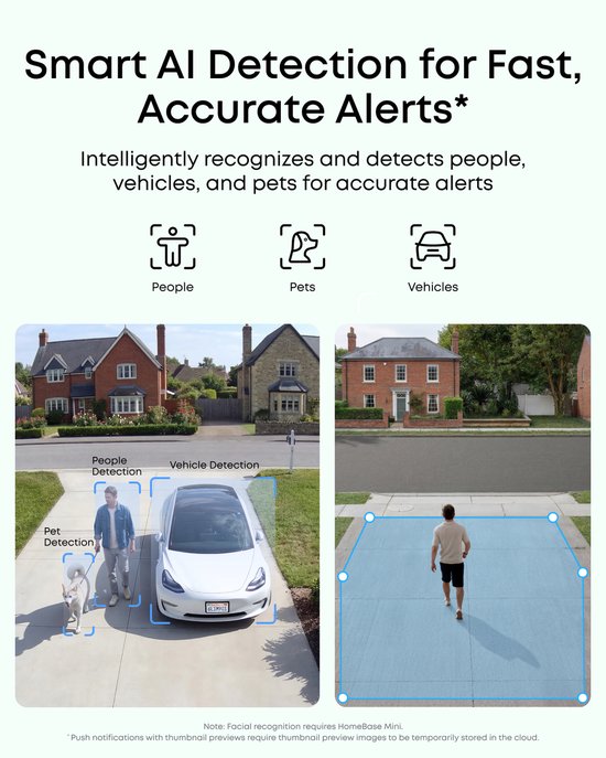 Een man met hond in de voortuin, met 'People Detection' en 'Pet Detection'. Naast een auto met 'Vehicle Detection'.