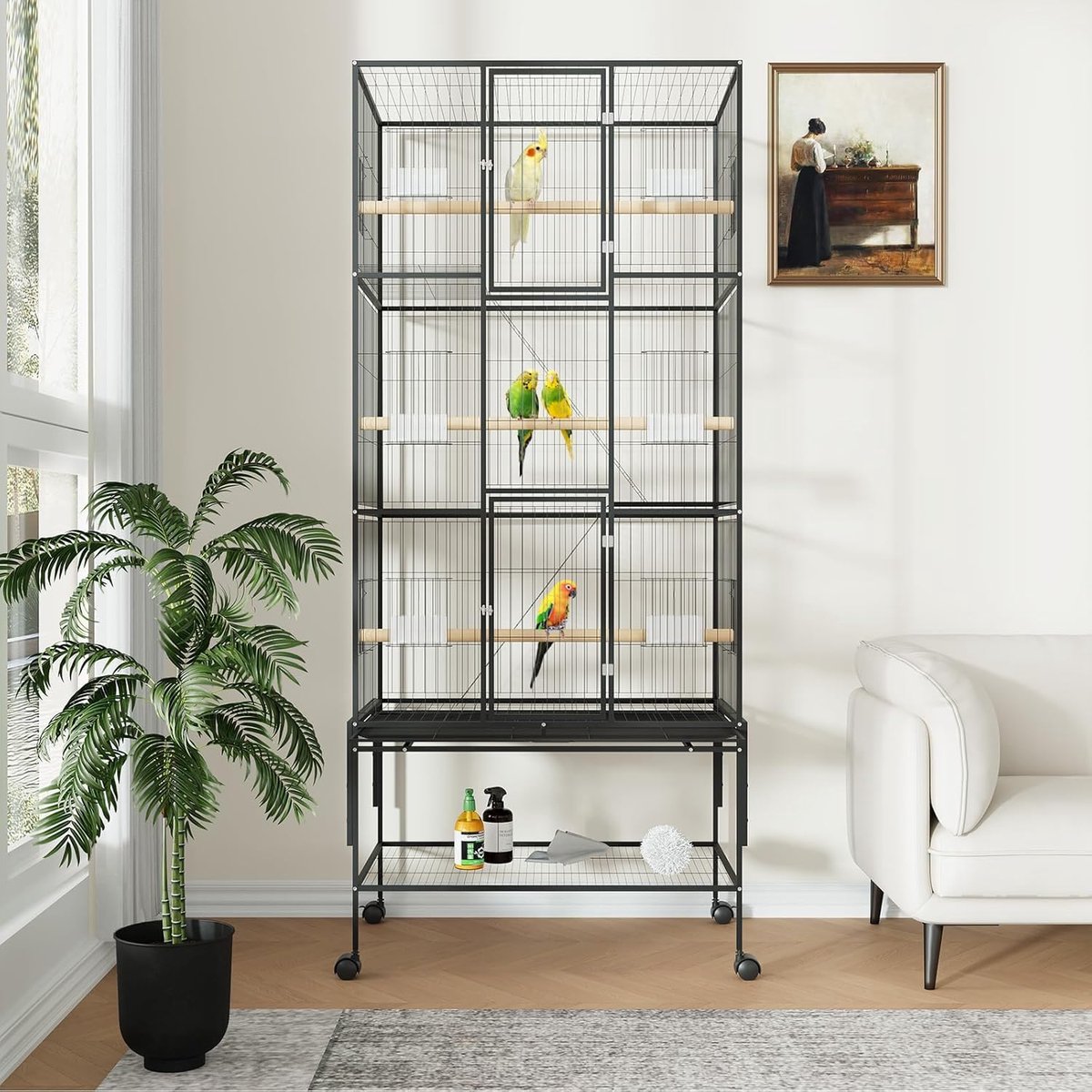 Extra grote zwarte metalen vogelkooi 69 inch (175 x 81 x 46 cm) met onderstel op wieltjes en opbergplank – Ruime verblijf voor ara's, kaketoes, papegaaien, parkieten en dwergpapegaaien, inclusief opvangbak