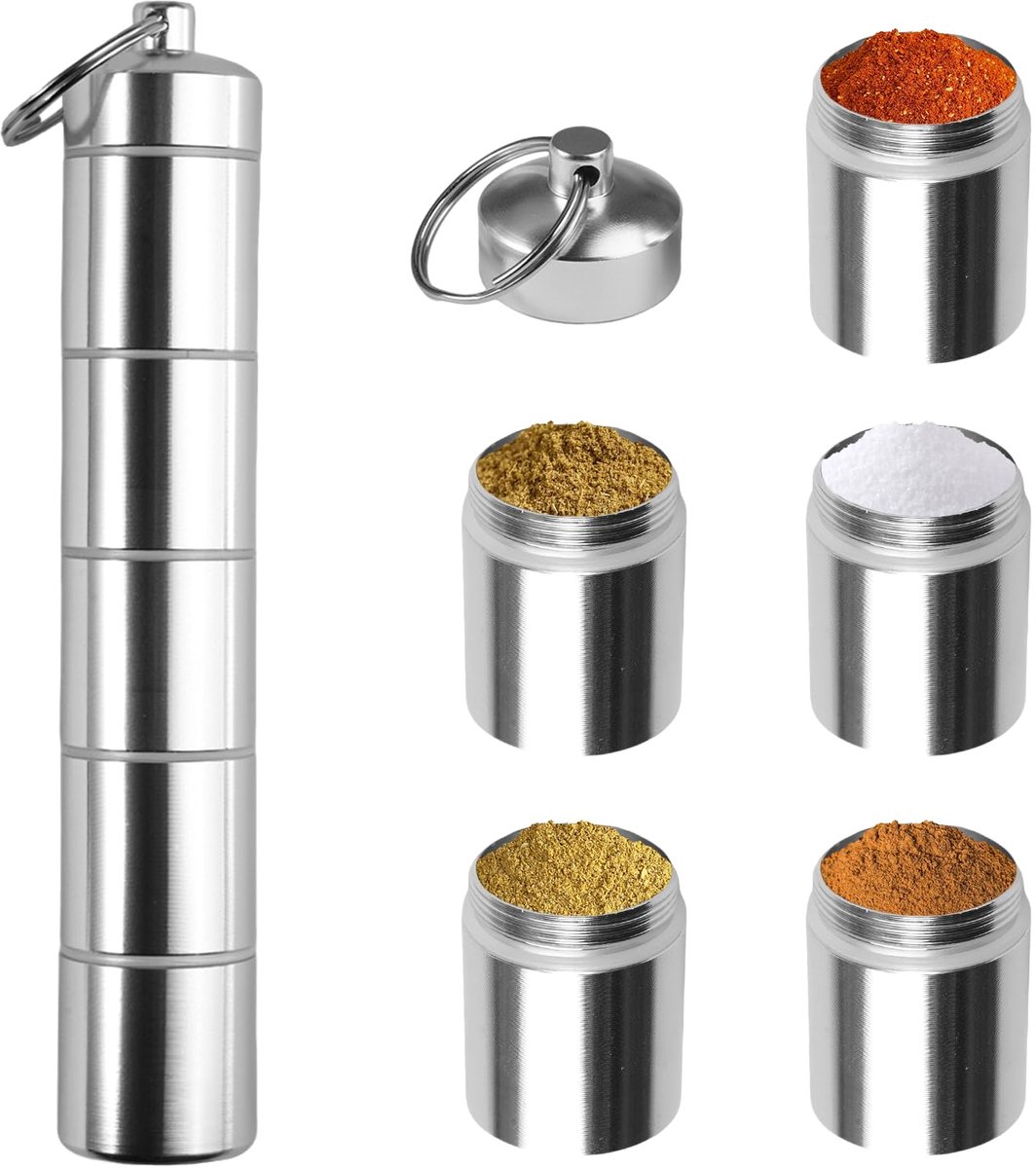 5-in-1 Kruidenstrooier voor Camping - Draagbare Kruidenpotjes - 5 Compartimenten - Aluminium - Compact - Voor Kamperen, Reizen, Picknick, BBQ & Thuisgebruik