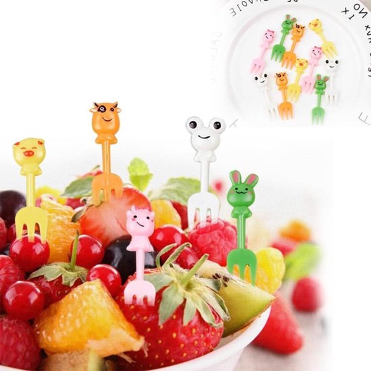Herbruikbare dierenvorken voor fruit van kunststof - 60 pieksen