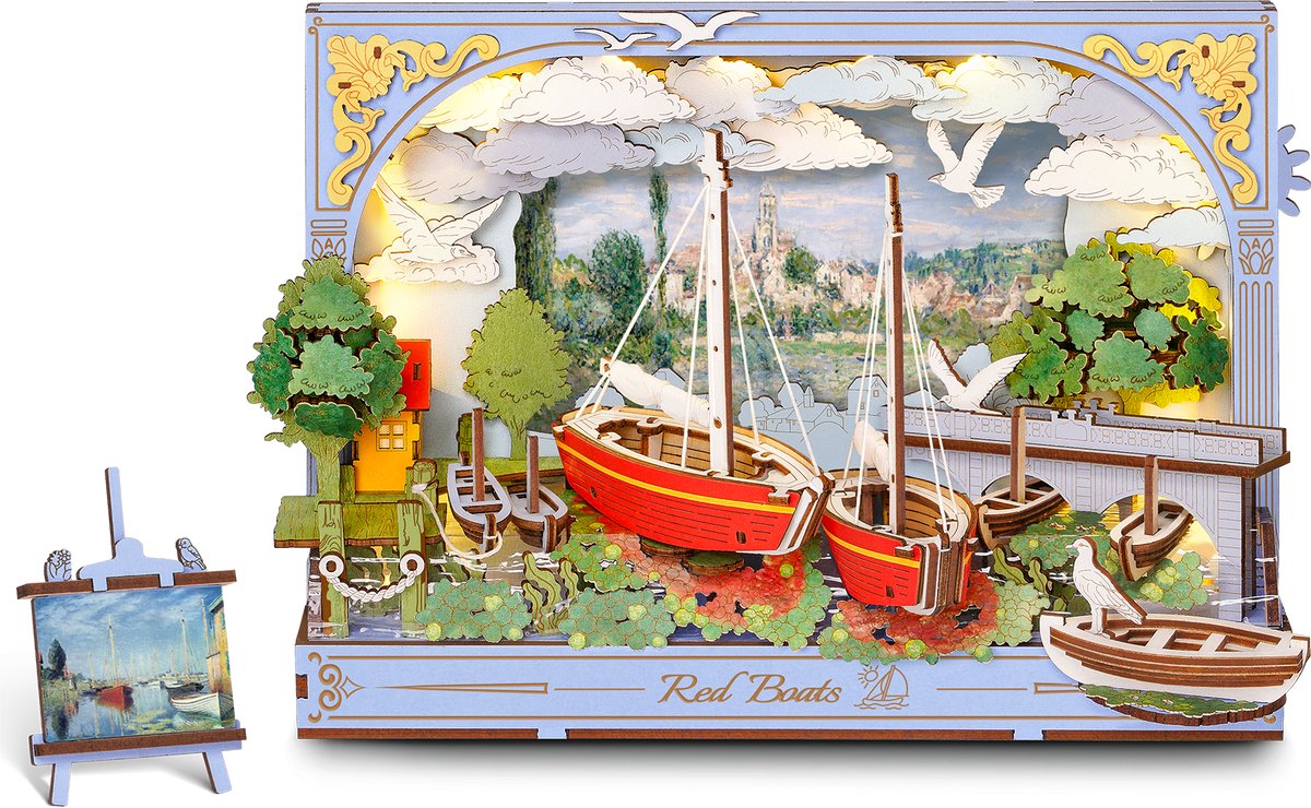Robotime Red Boats - Rowood Wooden Floral Paintings - TH004 - Boutpakket - Knutselen - Hobby - Modelbouw