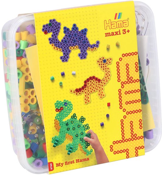 Boîte de perles Hama maxi à repasser, trois motifs de dinosaures : violet, jaune et vert.