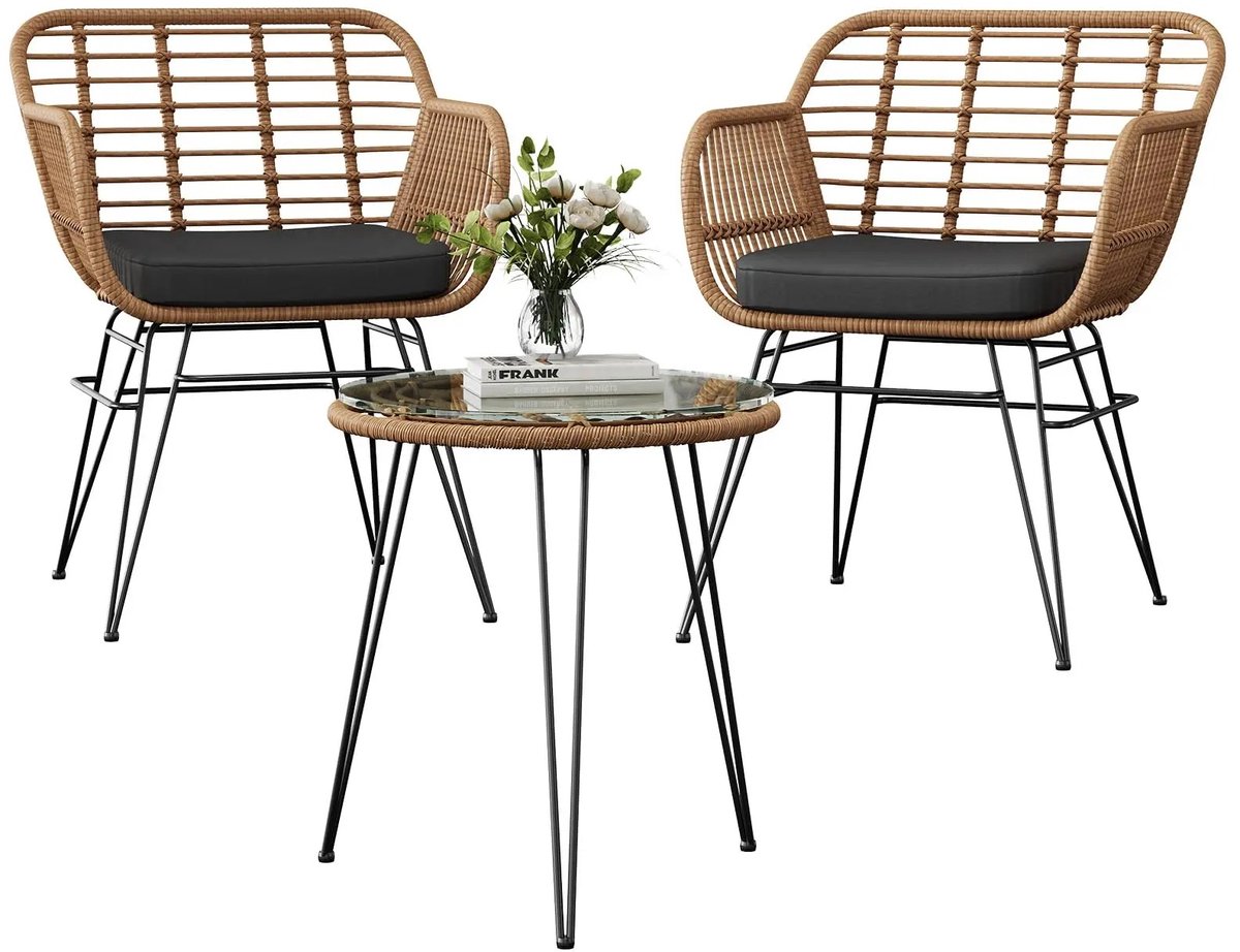 RosaBloom bistroset - Tuinset - Terrasmeubels - Weerbestendig rotan - Inclusief comfortabele kussens - Tafel 51x53 cm - Stoelen 48x56x82 cm