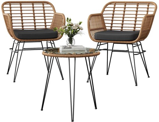Ensemble de bistrot RosaBloom - Ensemble de jardin - Meubles de terrasse - Rotin résistant aux intempéries - Coussins confortables inclus - Table 51x53 cm - Chaises 48x56x82 cm