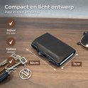 Zwarte pasjeshouder op een houten tafel, naast sleutels en een zonnebril. Afmetingen 10cm x 7cm. Tekst: Compact en licht ontwerp. Past in elke broekzak. Stijlvol PU leer, tijdloos design, premium kwaliteit.
