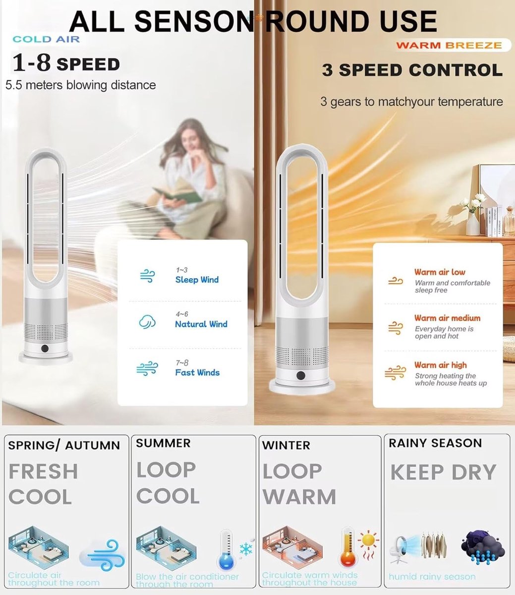 Staande Ventilator - Torenmodel - Verkoeling en Warmte - Bladloos Ontwerp - 90 Graden Oscillatie - Wit Zilver – foto 3