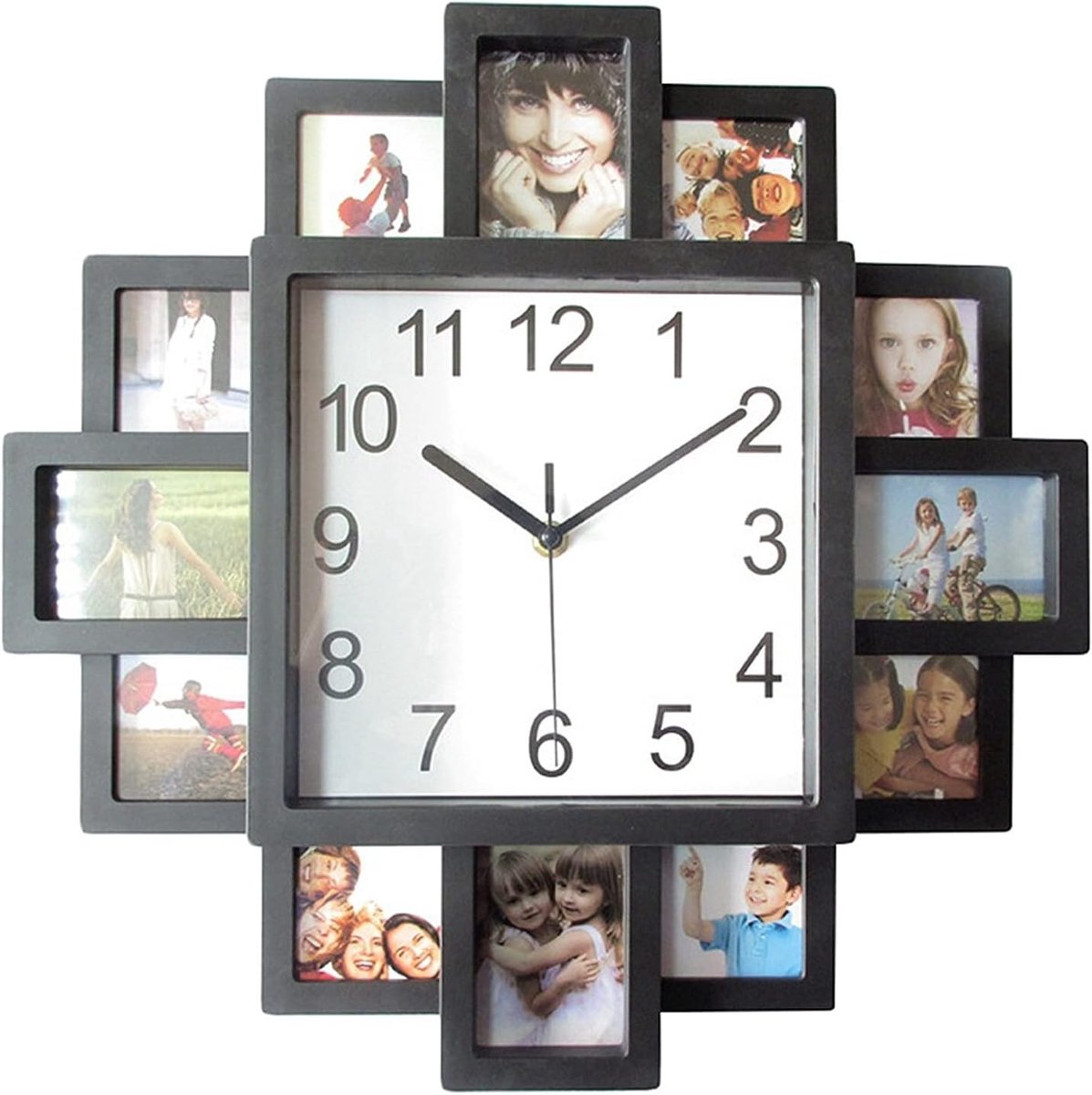 Wandklok Fotolijsten - Fotoklok Decoratie - Herinneringen Tonen - Twaalf Fotoopeningen - 38.5 x 38.5 cm - Zwart