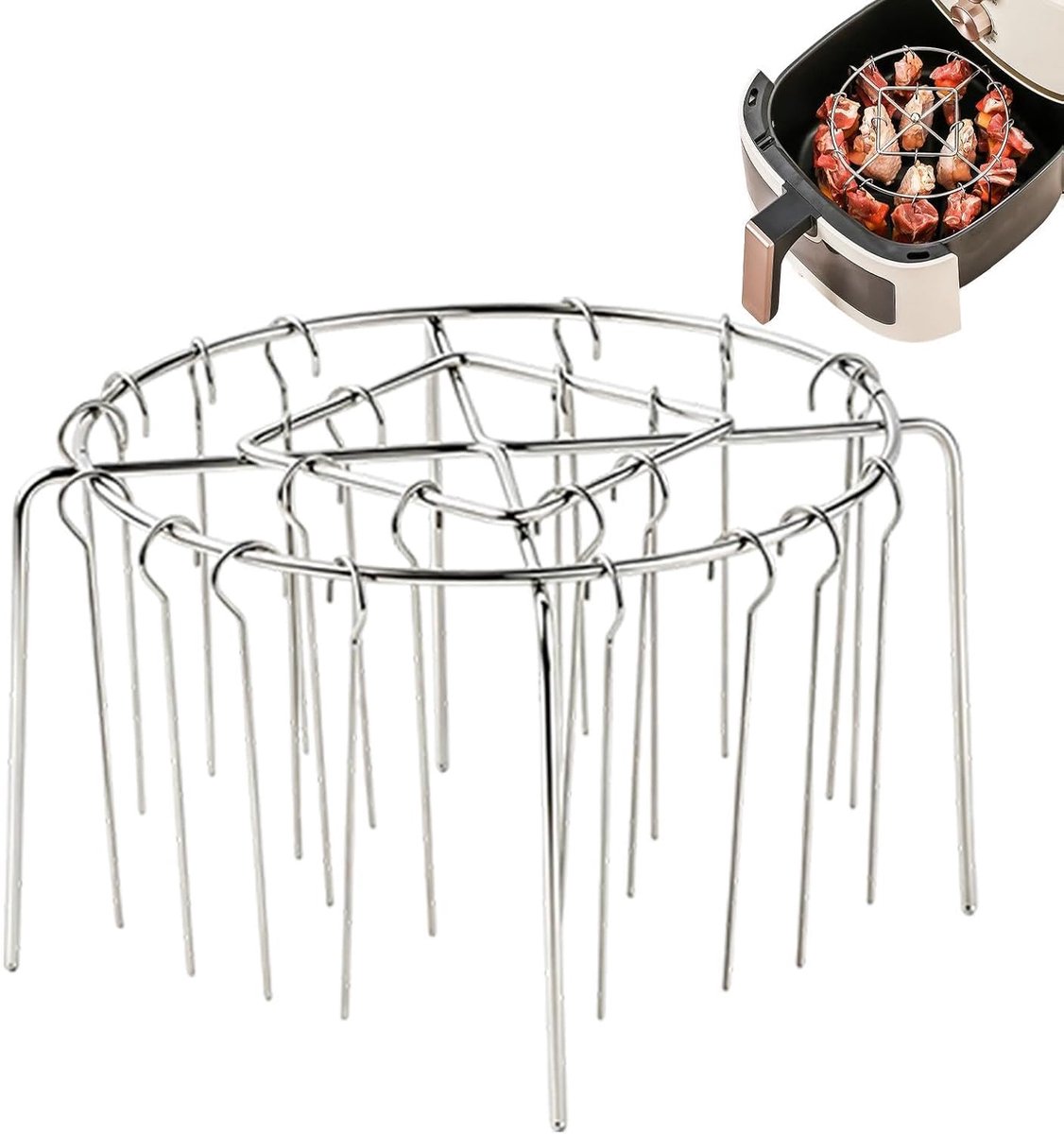 Airfryer Spieshouder Grillrek Spiesjes Verticaal Grillen 360 Graden Luchtcirculatie 24 Spiesen Zilver