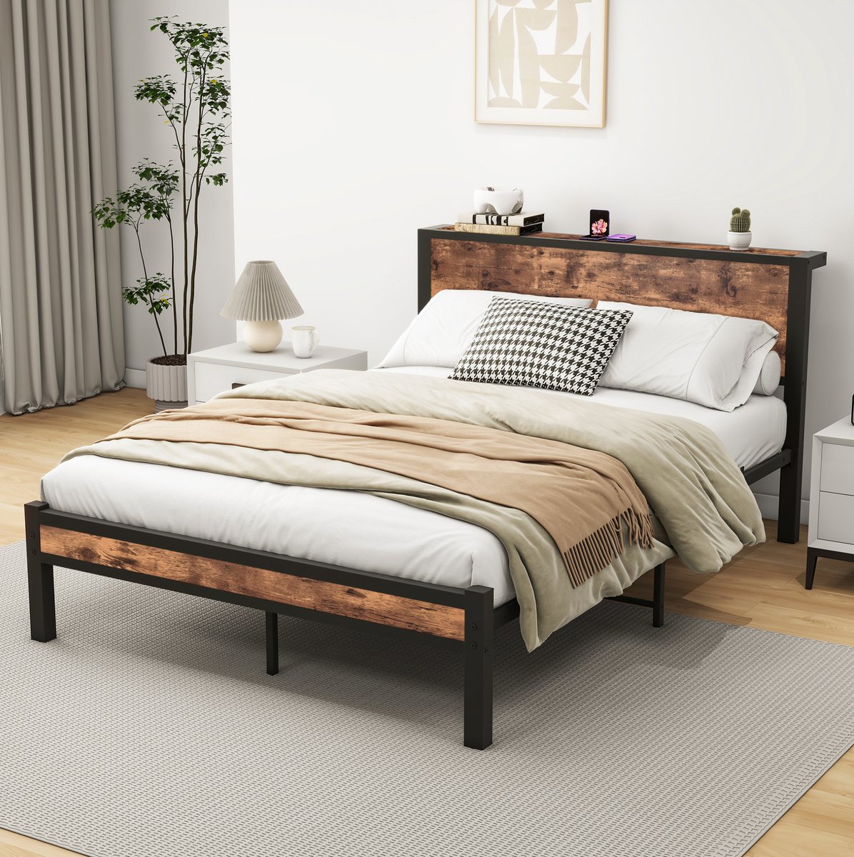 MEUNIQ bedframe 140x200 cm met opbergend hoofdbord, metalen lattenbodem en 27 cm opbergruimte onder bed, tweepersoons normaal bed voor slaapkamer, antiekbruin