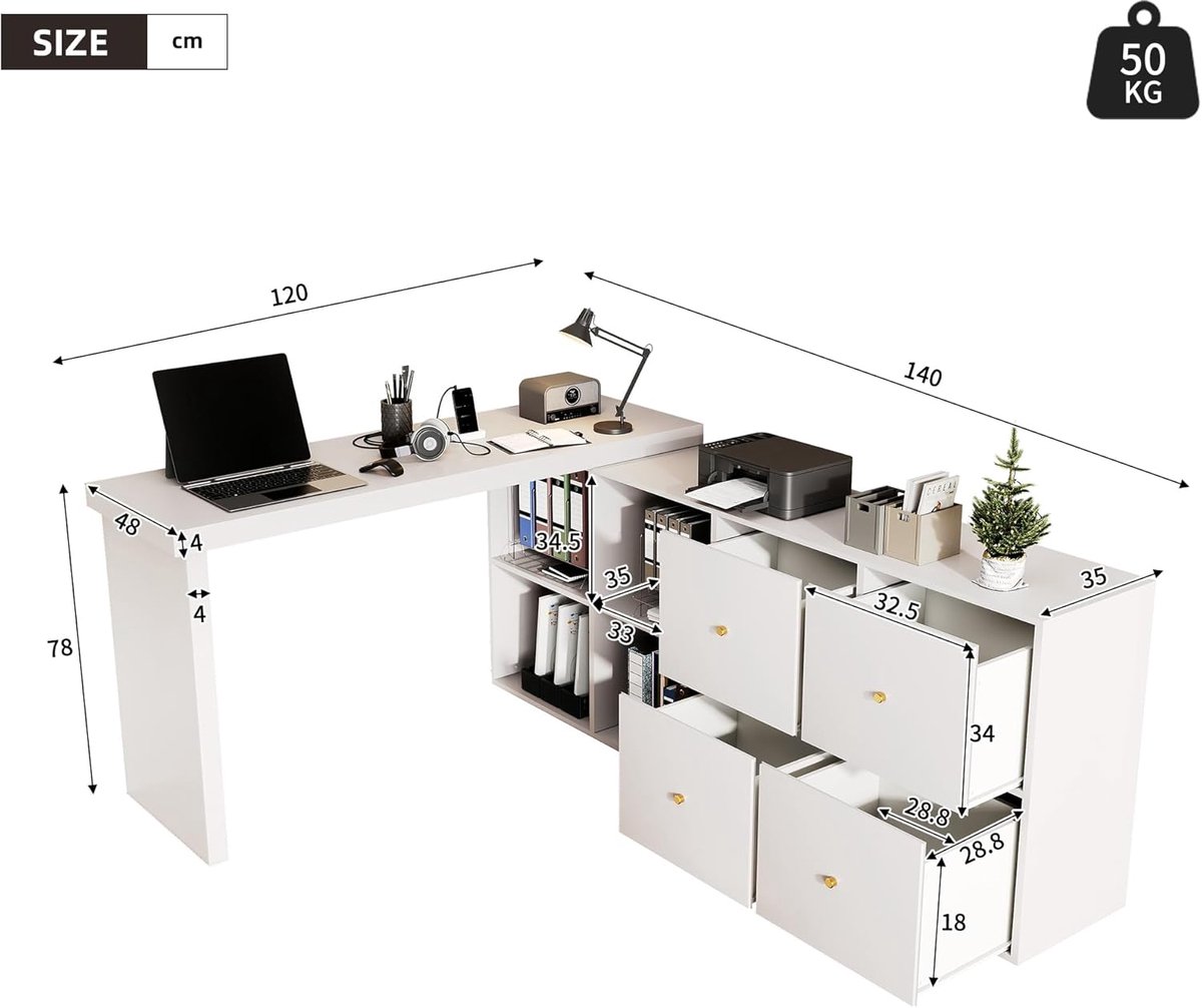 Hoektafel Bureau - Werktafel Bureau - Thuiswerken Organiseren - 360 Graden Draaibaar - 120x48x78cm - Wit