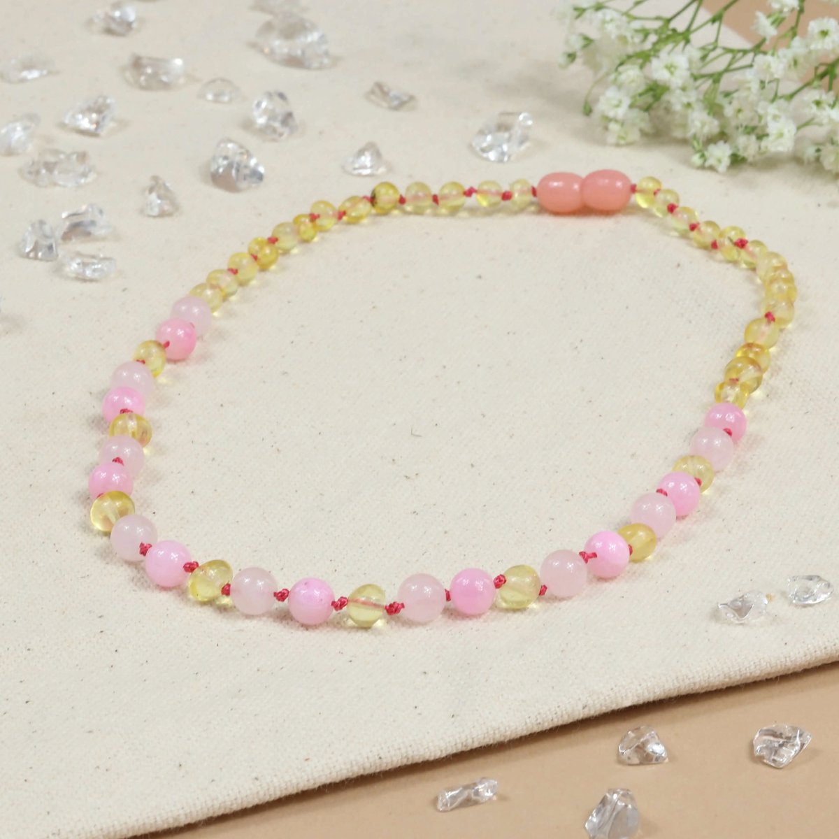 Baby Natura - Barnsteen Ketting - Kind - Lemon - Rose Quartz - Pink Jade - 36 cm