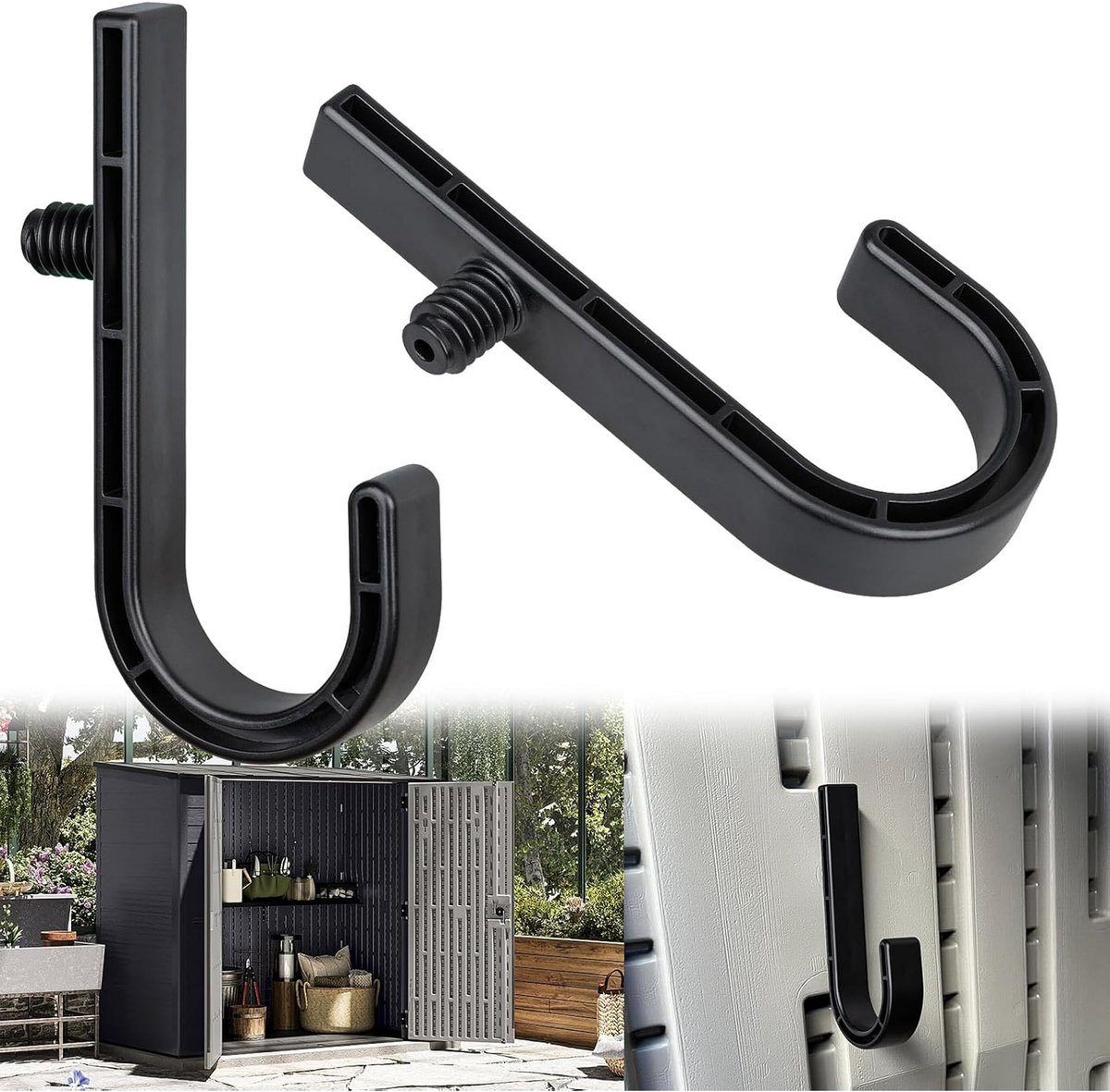 Set van twee J-vormige haken, geschikt voor accessoires voor opbergrekken in schuren, opbergrekken in de tuin, wandhaken en het organiseren van spullen in de garage.