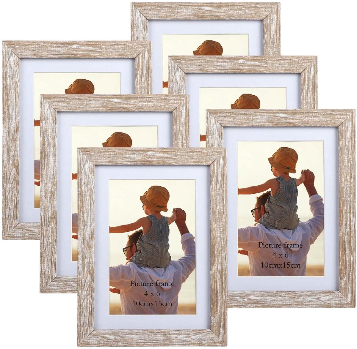 Set van 6 Fotolijsten - Houten Look - Rustieke Afwerking - Inclusief Passe-partouts - Voor Wand- en Tafeldecoratie