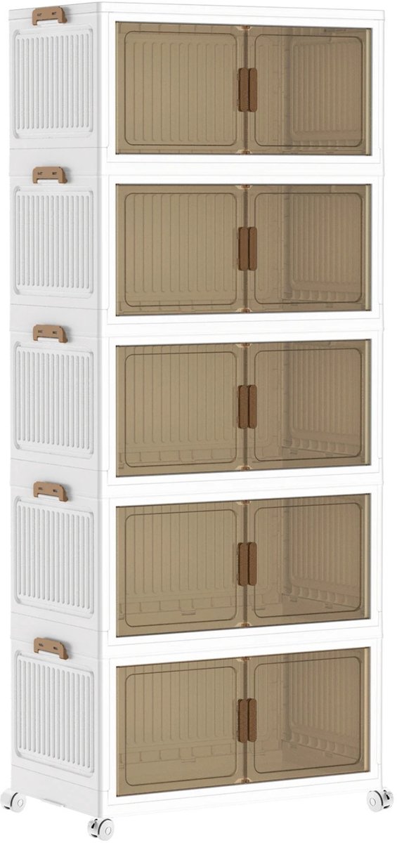 Noventra - Opvouwbare Opbergkast - 5 Lagen - Verrijdbare Opbergkast met Deuren - Transparante Deuren - Wit - 67,5 x 40 x 167 cm