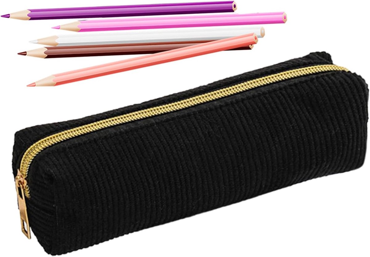 Schooletui Corduroy - Pennenhouder - Spullen Organiseren - Zachte Textuur - 20 cm - Zwart
