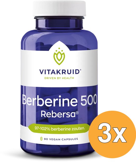 Vitakruid Berberine 500 Rebersa, 90 vegan capsules in een blauwe pot. "3x" staat op een oranje cirkel.