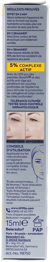 Zij-aanzicht van de NIVEA Q10 Anti-Rimpel Expert verpakking in het Frans, met gebruiksaanwijzing en resultaten.