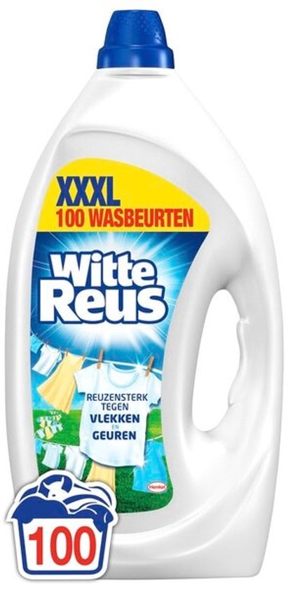 XXXL Witte Reus vloeibaar wasmiddel, 100 wasbeurten. Met blauwe dop, voor witte was, op de voorgrond hangt wasgoed aan een waslijn.
