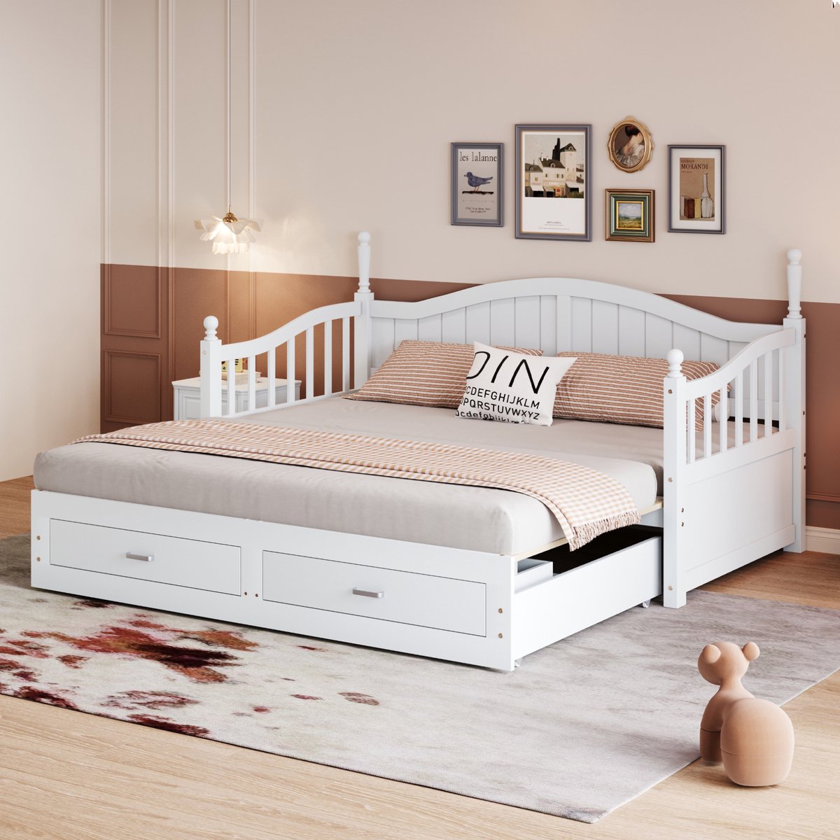 MEUNIQ slaapbank 90x190 cm uitschuifbaar tot 180x190 cm met 2 lades en lattenbodem, houten bedframe voor logeerkamer of woonkamer, wit
