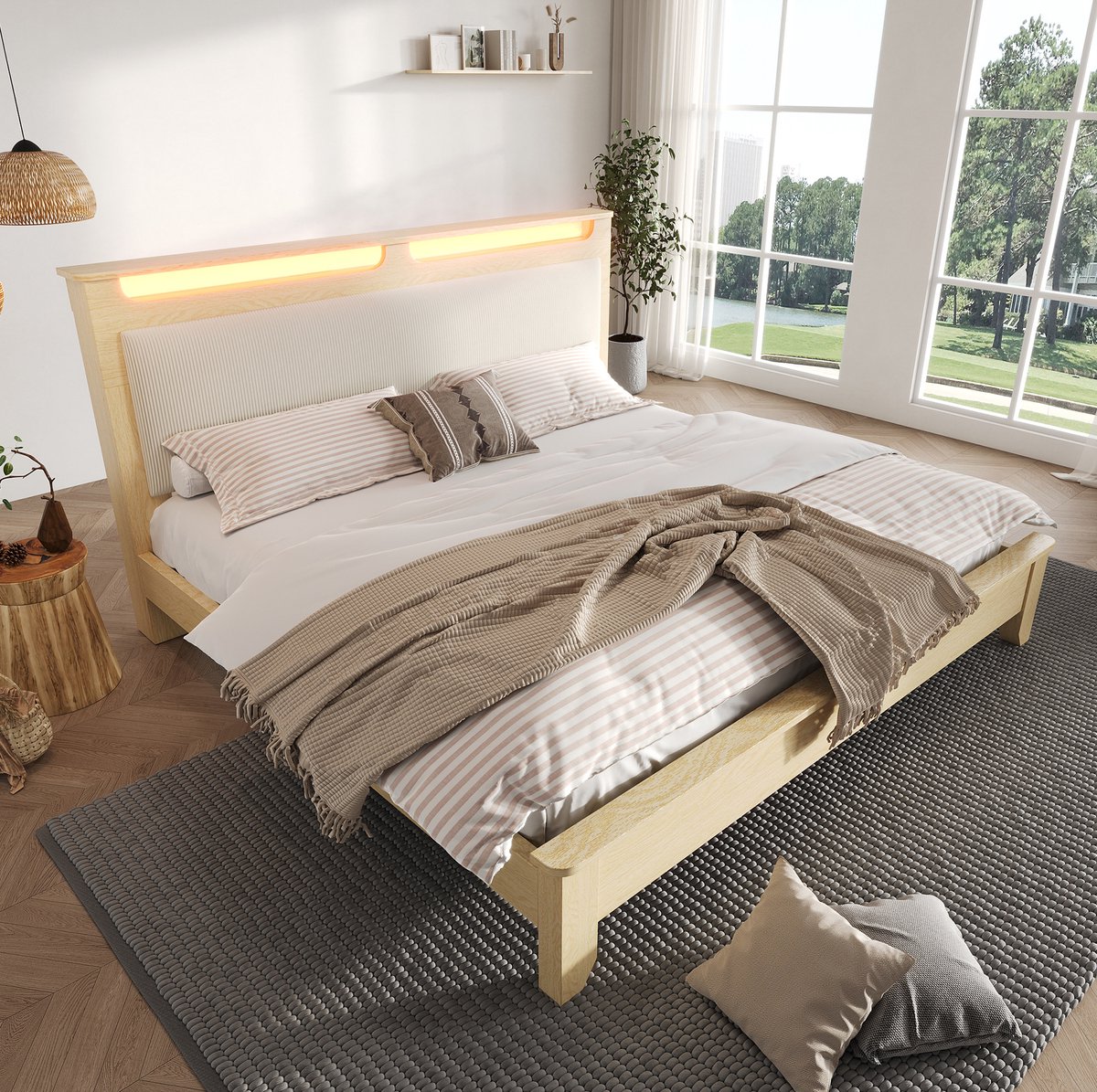 MEUNIQ tweepersoons bed 140x200 cm met LED-verlichting, opbergvak in hoofdbord, lattenbodem en opbergruimte onder bed voor slaapkamer, beige en eiken