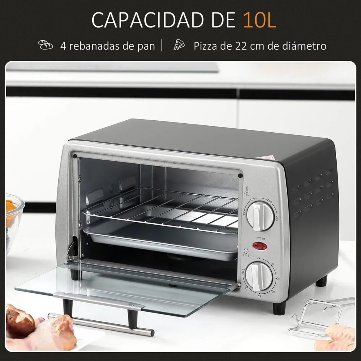 Zerova Electrische oven 10L - Mini Oven 750W - Bakmachine - Combi-oven - Heteluchtoven vrijstaand - Timer 60 min - Zilver – foto 4