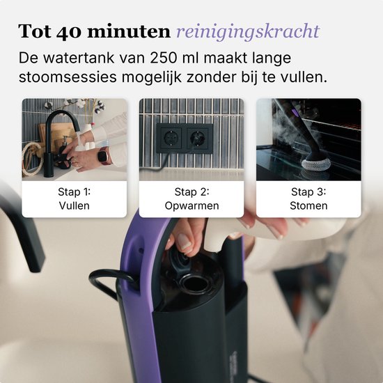 Stoomreiniger met 250 ml watertank. Toont 3 stappen: vullen kraan, opwarmen stopcontact, stomen oven.