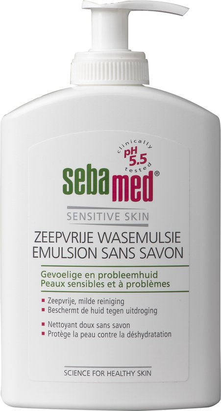 Witte pompflacon Sebamed Sensitive Skin, Zeepvrije Wasemulsie. "pH 5.5 tested".