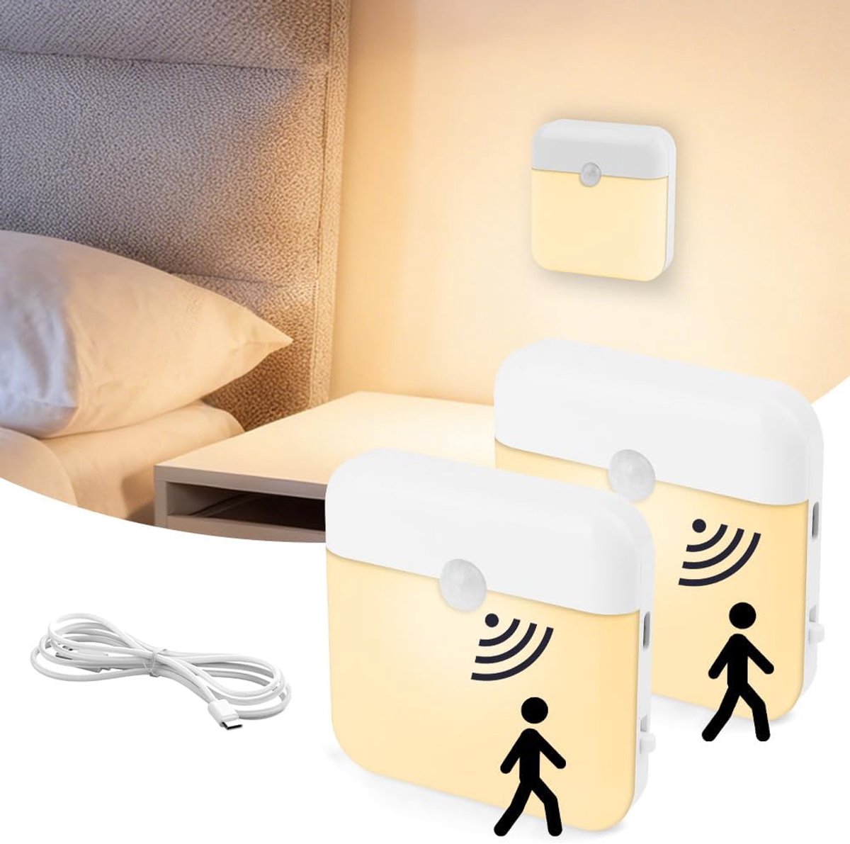 Nachtlamp Set - Bewegingssensor Lamp - Veilig Zicht - Automatisch Aan/Uit - 2 Stuks - Warm Wit