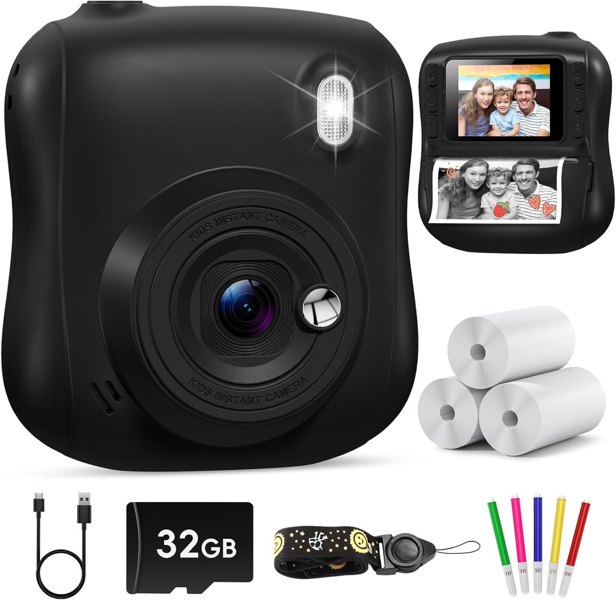Kindercamera Direct Print - Speelgoed Camera - Foto's Maken - Inclusief 32GB Kaart - 2.0 Inch Scherm - Zwart