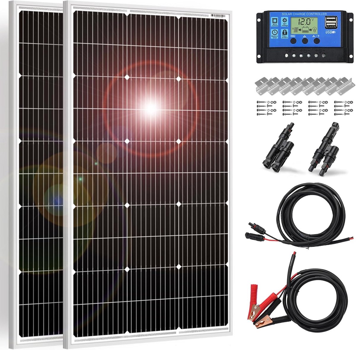 Zonnepaneel Set - Zonnecellen Kit - Energie Opwekken - Hoge Lichtgevoeligheid - 100 Watt - Zwart