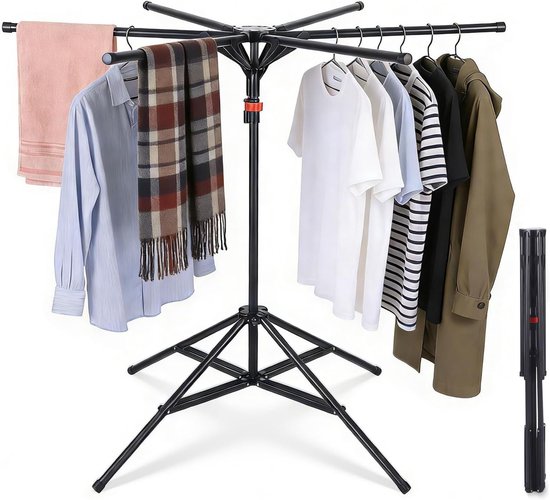 Zwarte droogmolen met 6 vleugels, volgehangen met kleding en een plaid.