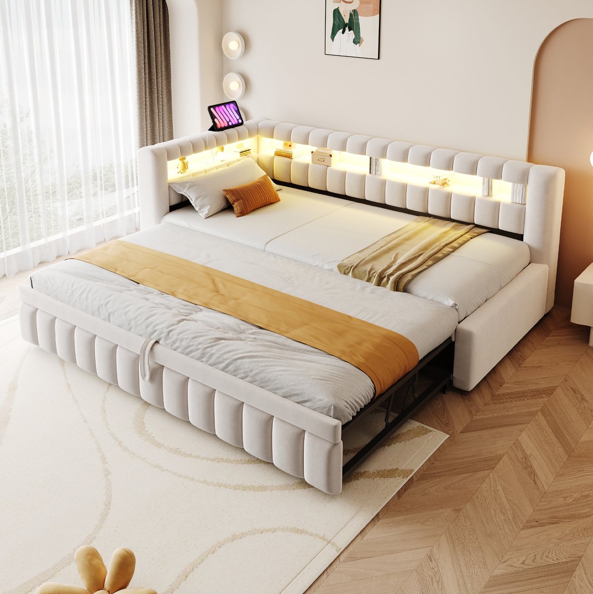 MEUNIQ slaapbank 90x200 cm met uitschuifbed, LED-verlichting, USB en Type-C, opbergvakken in hoofd- en rugdeel, lattenbodem, beige