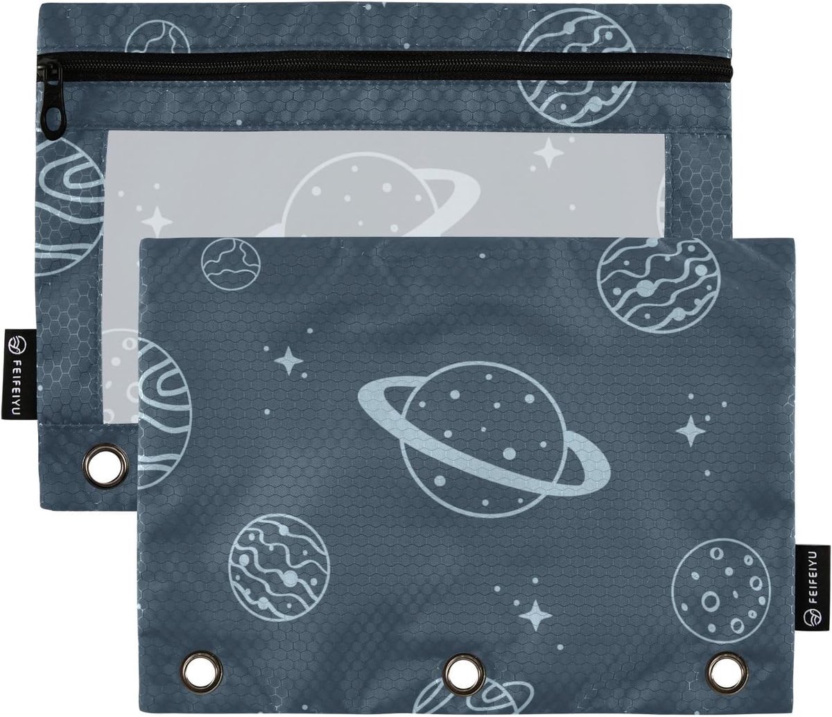 Potloodzakje met rits - Pennendoos etui - School en kantoor - Transparant venster - 9.8x7.1 inch - Cartoon planeet