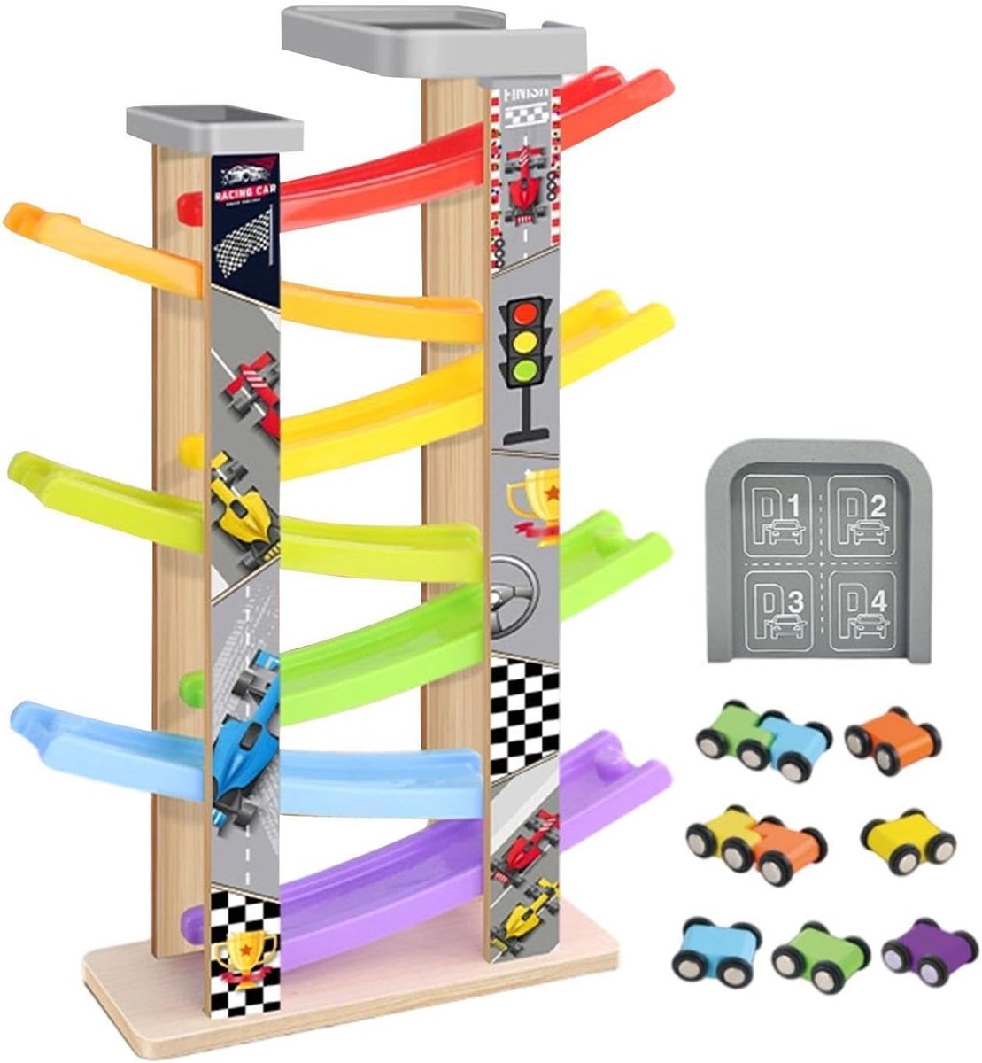 Houten Racebaan - Autobaan Speelgoed - Kinderen Leren Spelen - 7 Niveaus Hellingbaan - 44 x 13 x 8 cm