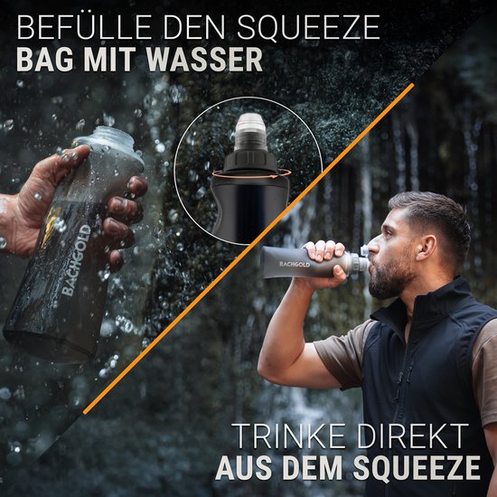 Man vult de Bachgold waterfilterzak met water en drinkt er direct uit in de natuur.