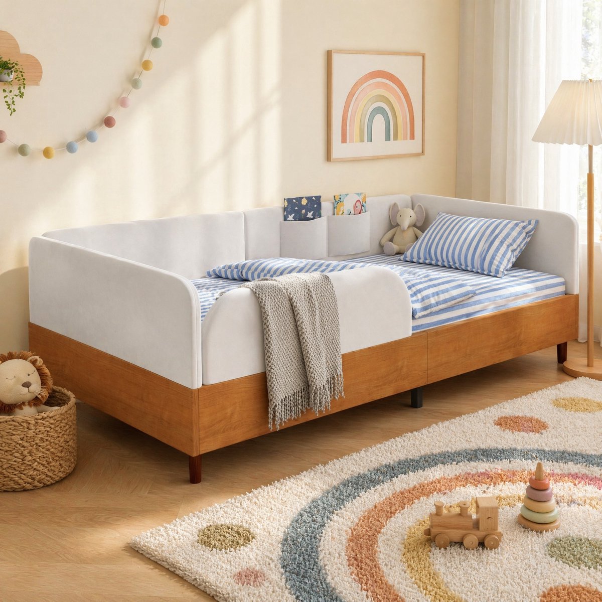 MEUNIQ Eenpersoons kinderbed 90x200 cm met stoffering, houten frame en 2 opbergzakken, omrand bedframe met lattenbodem voor kinderkamer, wit en naturel