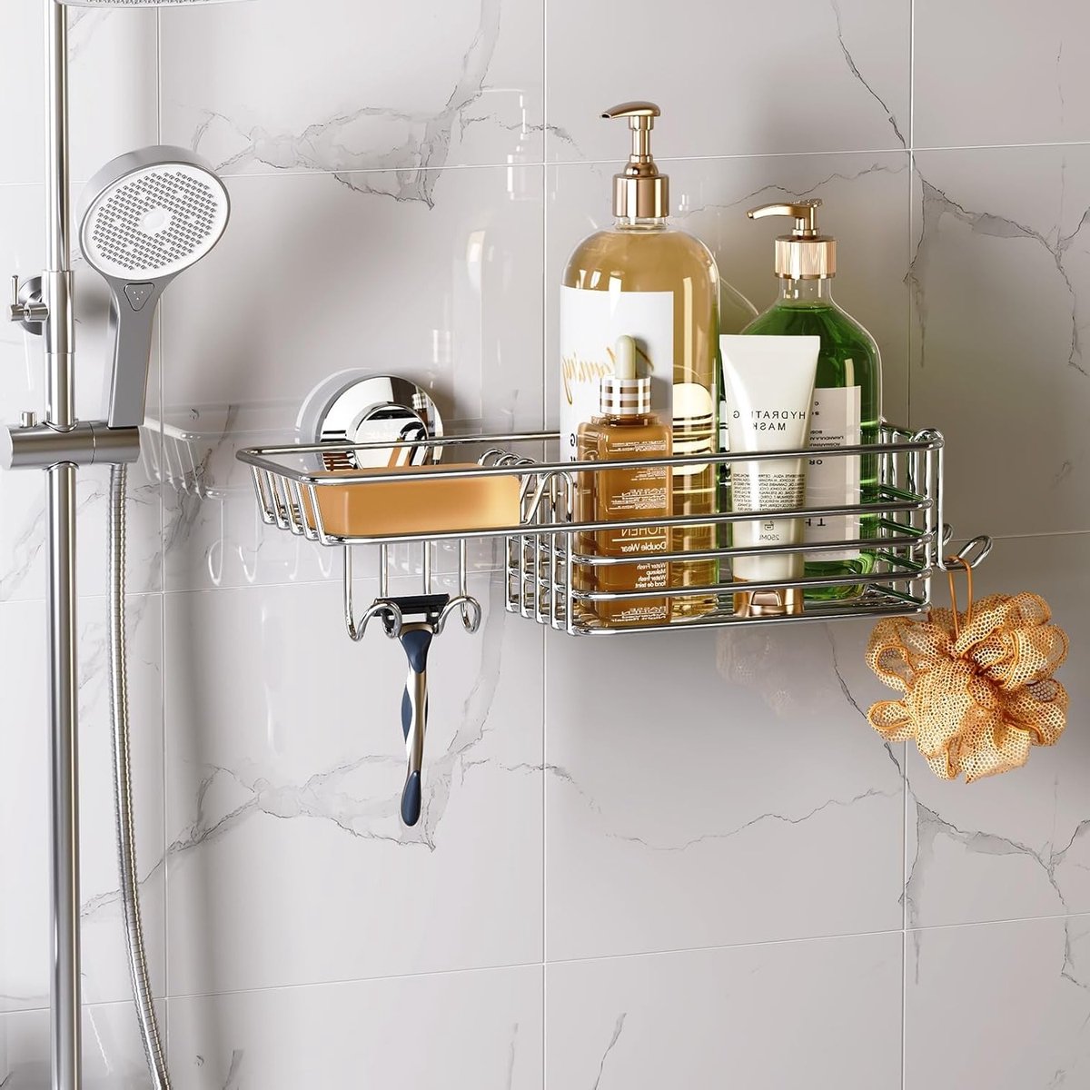 Doucherek met Zuignap en Haken - Heavy Duty Organizer voor Badkamer en Keuken - Ideaal voor Shampoo en Toiletartikelen, Max Hold 10KG, Roestvrij Staal