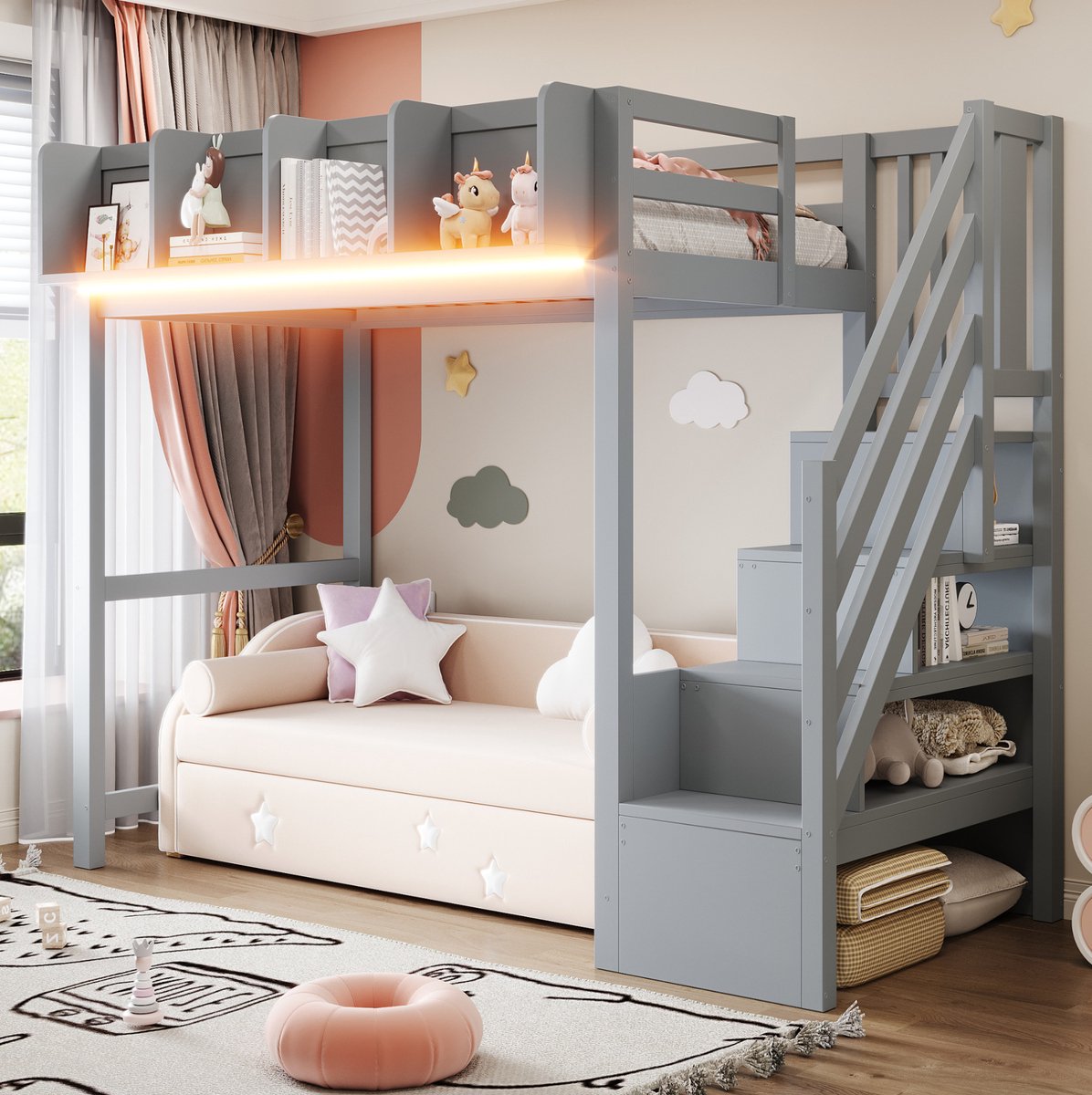 MIVRAY Hoogslaper 90x200 cm Zonder Matras - Eenpersoonsbed Met Veiligheidshek en LED Verlichting - Met Opbergruimte en Ladder - Hout - Grijs