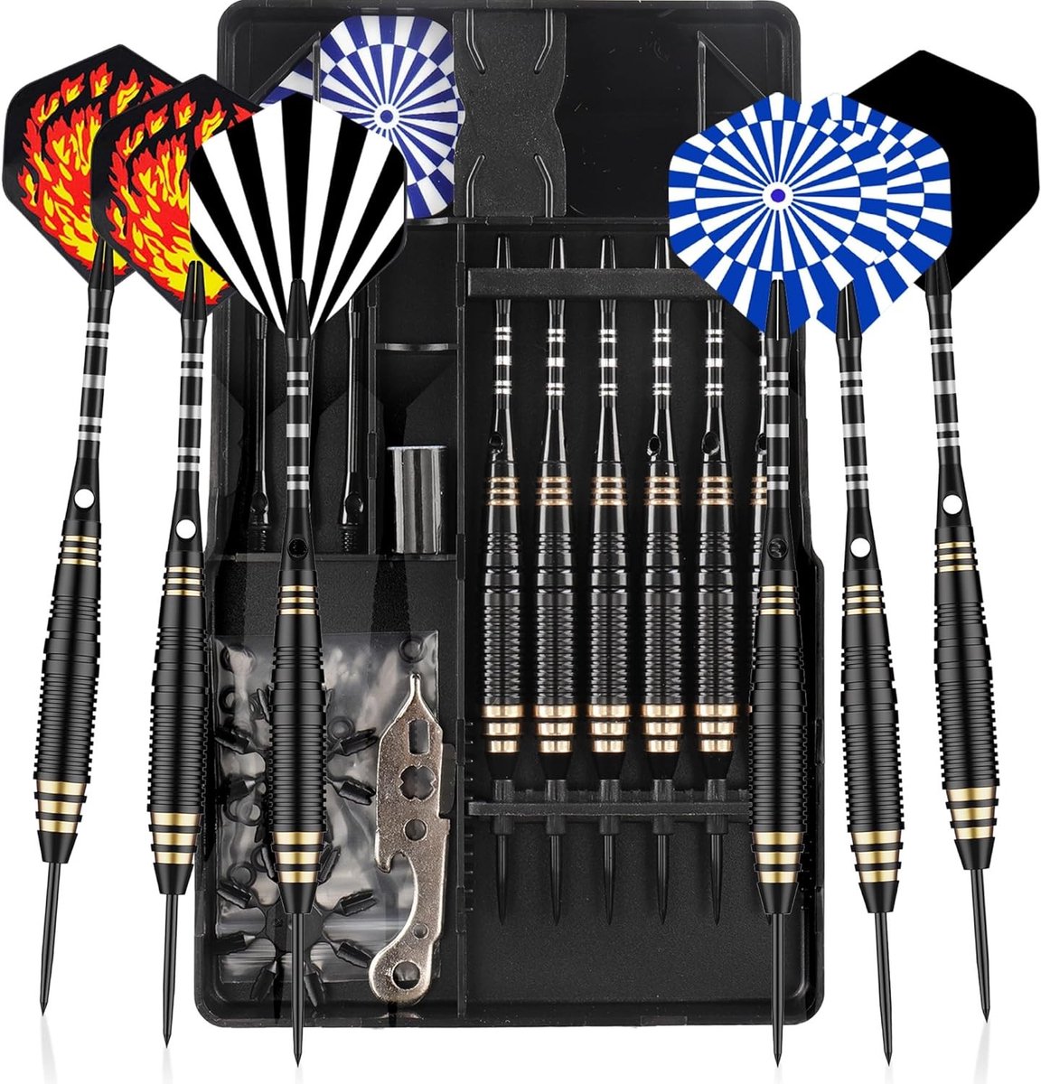 Professionele dartset met 6 stalen tip darts, 24g metalen dartpijlen en accessoires