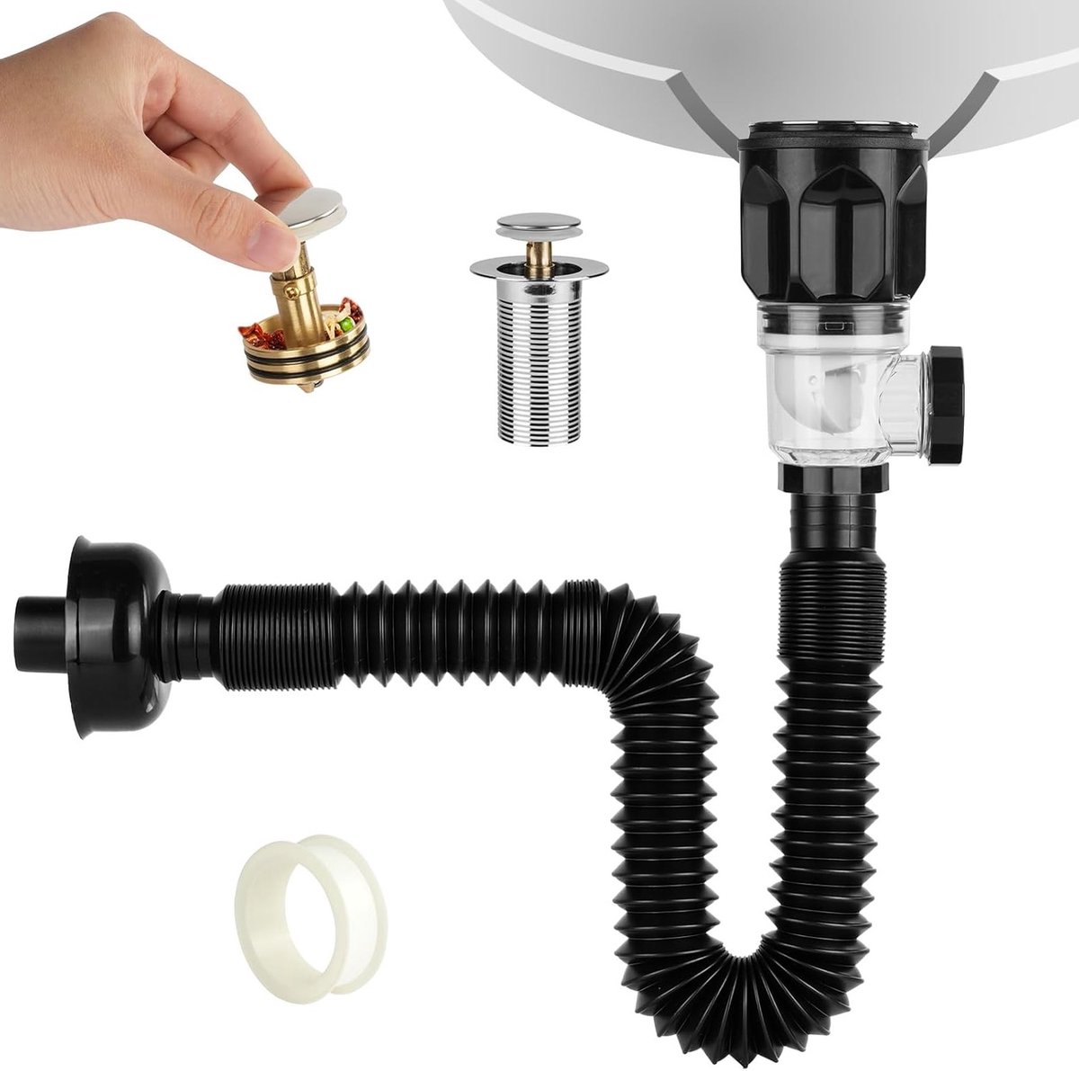 Siphon met Afvoeraansluiting voor Wastafel, Geurvrije Siphon, Ruimtebesparende Keukensifon met Uittrekbare Flexibele Afvoerslang, 420-935mm Verlengbaar