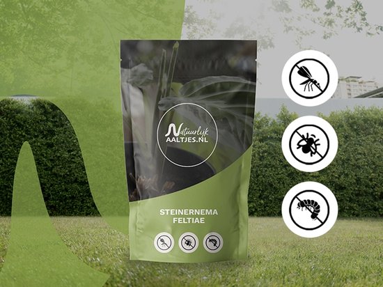 Verpakking met 'STEINERNEMA FELTIAE' en symbolen voor vliegen, insecten en larven. Logo 'Natuurlijk Aaltjes'.