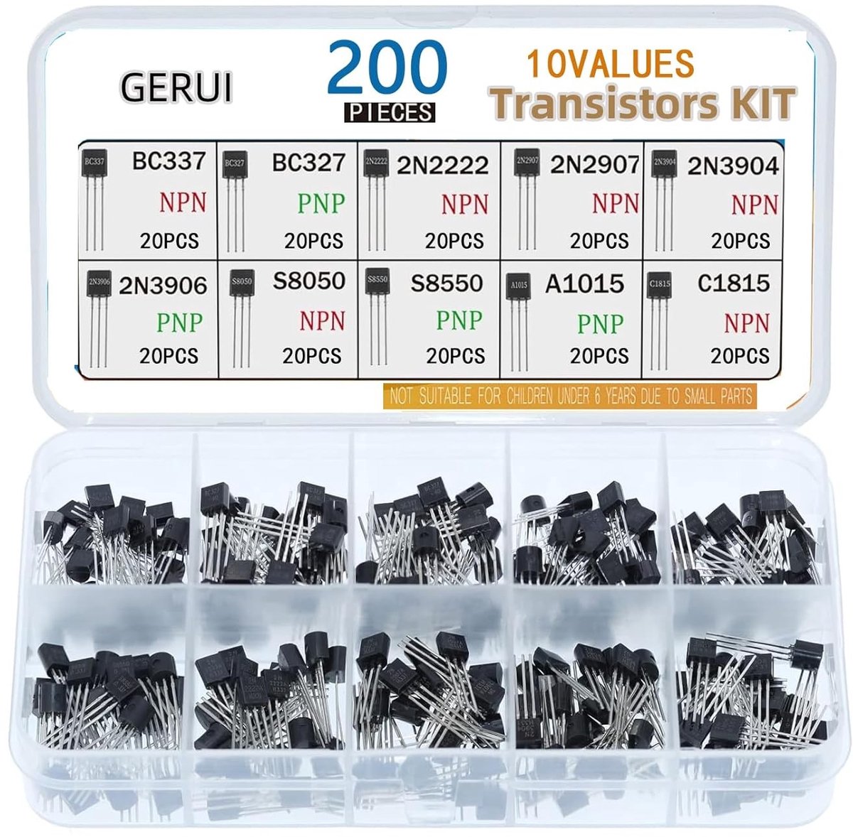 Transistor Assortiment Set met 10 Waarden - 200 Stuks PNP NPN Transistors voor Elektronica Projecten, BC377, 2N2222, TO-92