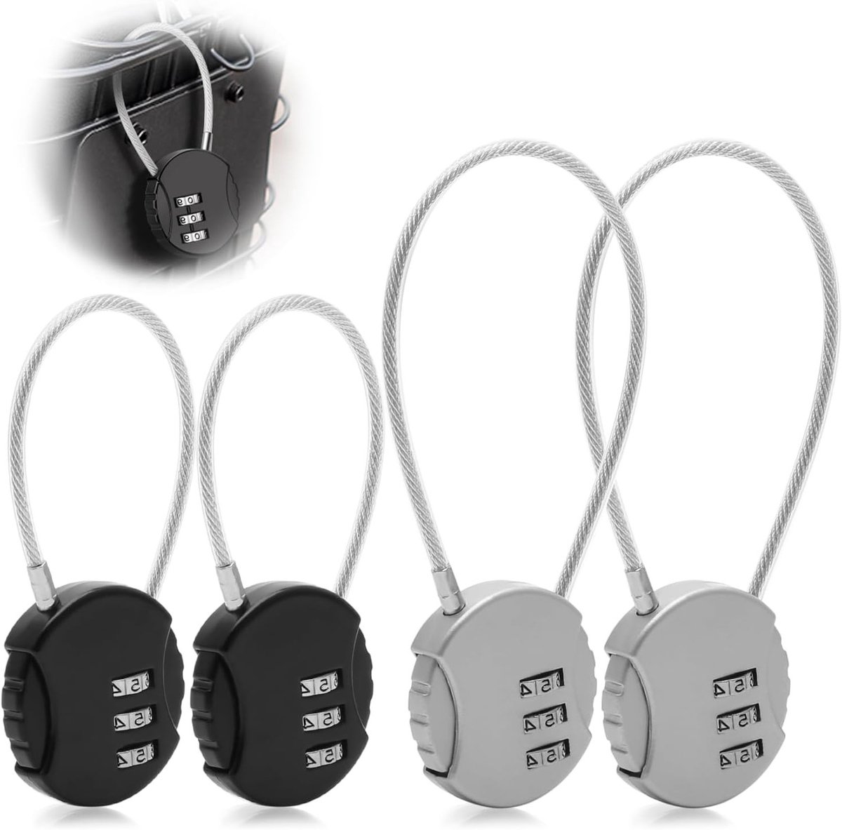 Veiligheidsset met 4 Combinatiesloten, 3-Cijferige Code, Ideaal voor Koffers en Buitengebruik, Inclusief Kabelsloten in 2 Maten
