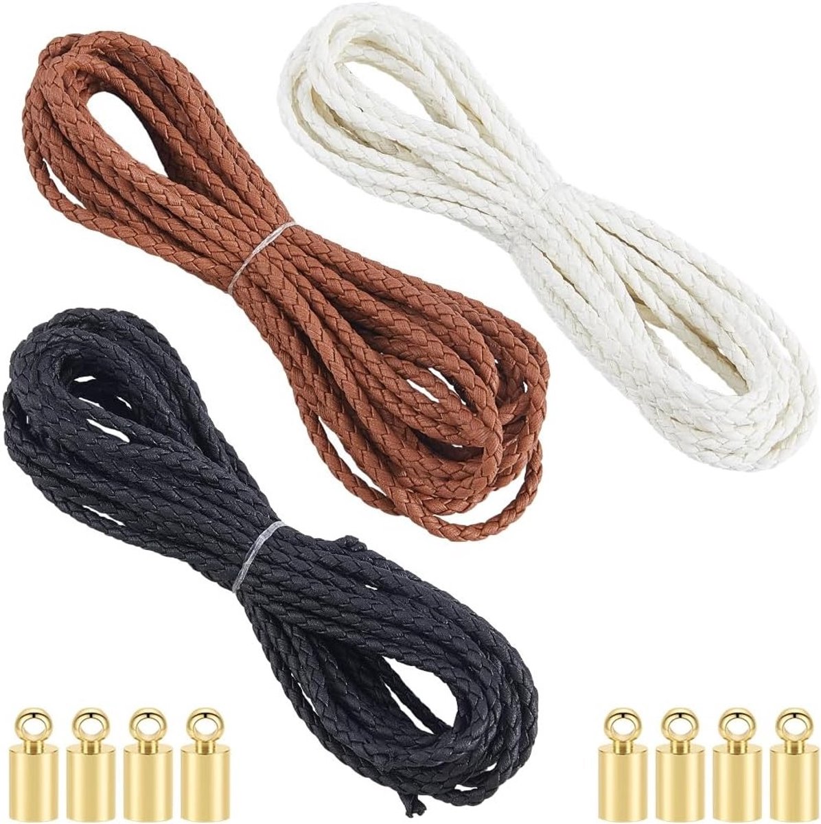 Vlecht Lederen Touw 15M in 3 Kleuren - Zwart, Bruin en Wit - 3.5mm Dikke Ronde Sieraden Koorden voor DIY Ambachten en Kettingen Maken met Messing Koord Uiteinden