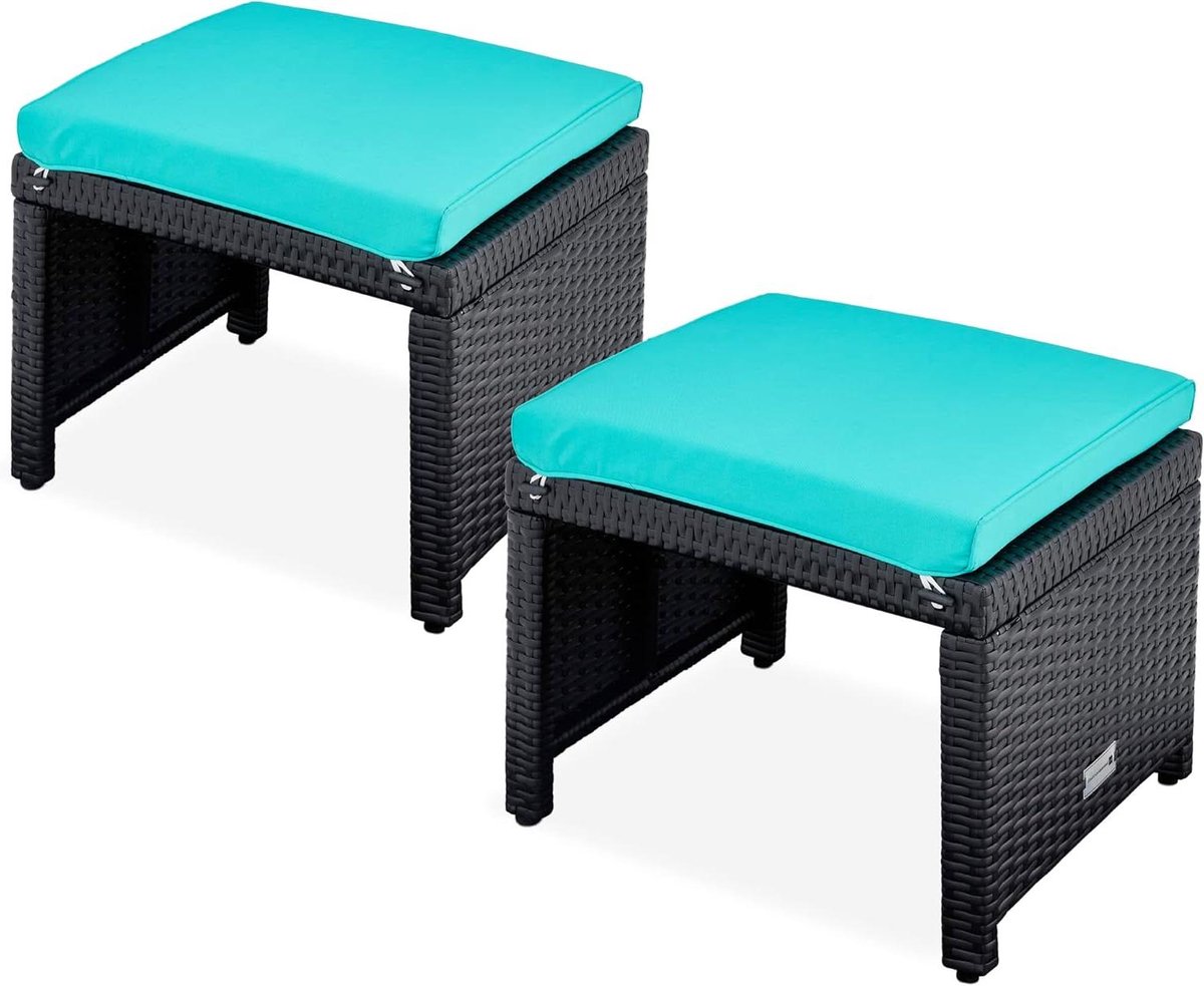 Rieten Ottomaan - Voetenbank Poef - Extra Zitplaatsen - Veelzijdig Gebruik - 50 cm Lengte - Zwart Blauwgroen