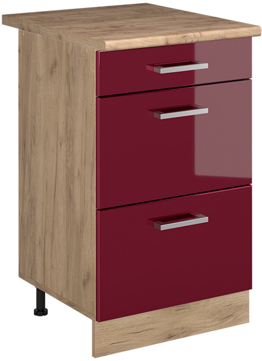 Vicco Keukenonderkast R-Line, Rode hoogglans/Goudkleurig Eiken, 50 cm goudkleurig eiken werkblad