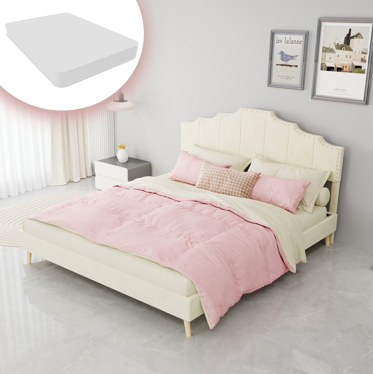 COVREO Normaal bed 160x200 cm beige stof en metaal, soft bed met matras