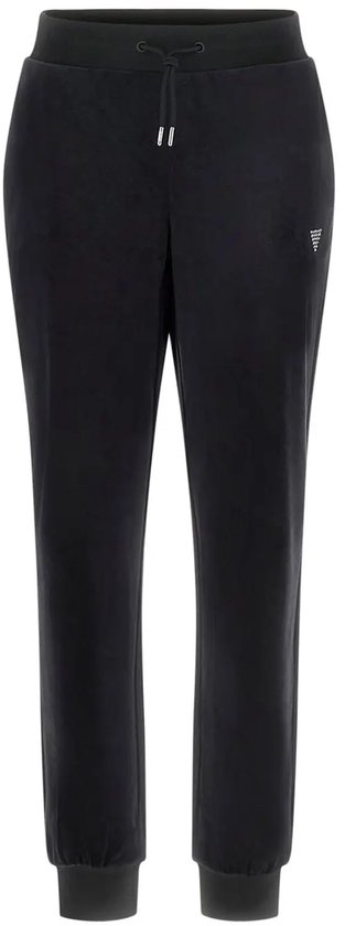 Zwarte Guess velours joggingbroek met trekkoord en subtiel logo.