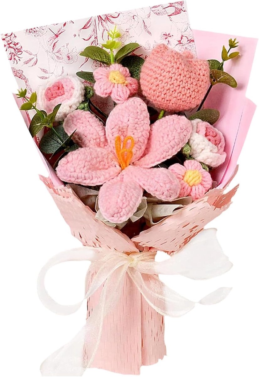 Gehaakte bloemen boeket met tulpen, rozen en madeliefjes als uniek cadeau voor Moederdag, trouwdag of verjaardag, perfect voor decoratie