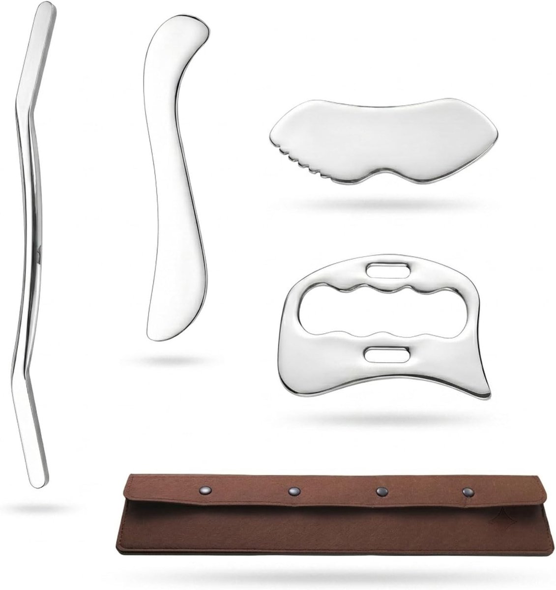 4 stuks roestvrijstalen Gua Sha schrapers, gezichtsmassage, fascia massage tool voor spieren en ontspanning met vilten opbergtas voor benen, rug en nek